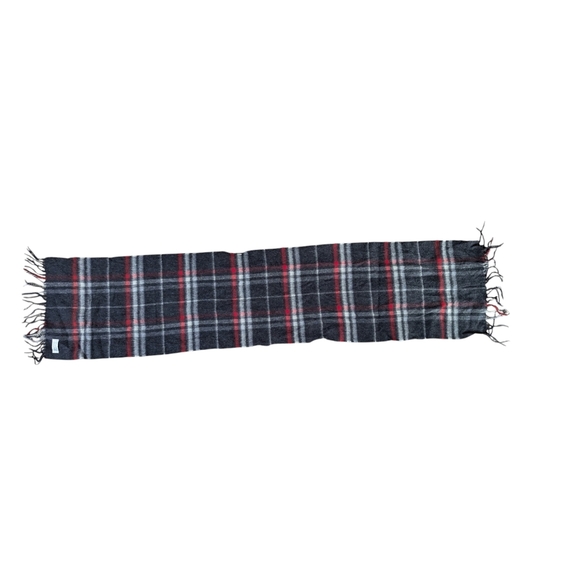 Women’s 100% CASHMERE Grey Red White Plaid Preppy Scarf - Picture 4 of 7